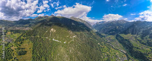 Aerial Panoramic view of Verbier and the surrounding Valley and Mountains
