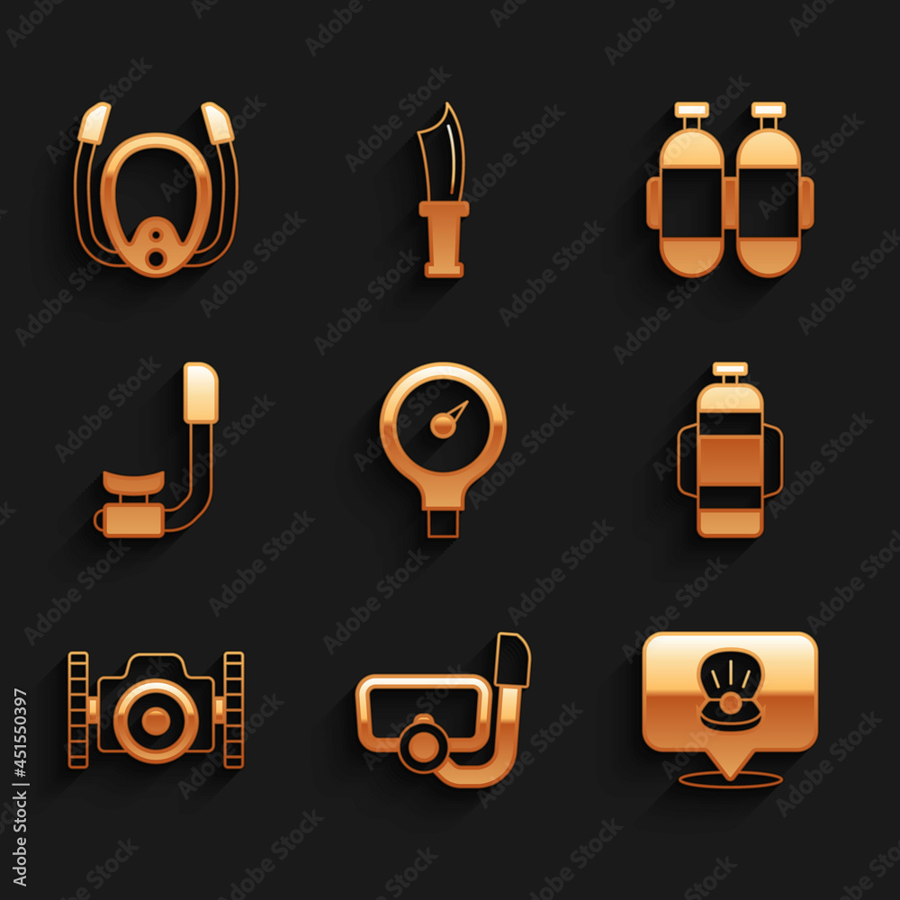 Set Gauge scale, Diving mask with snorkel, Scallop sea shell, Aqualung, Photo camera for diver, Snorkel, and icon. Vector Set Gauge scale, Diving mask with snorkel, Scallop sea shell, Aqualung, Photo camera for diver, Snorkel, and icon. Vector