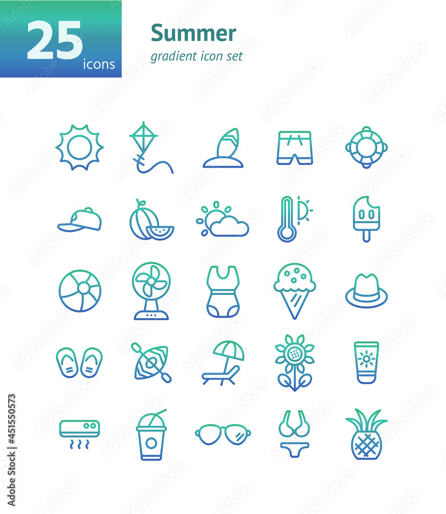 Summer gradient icon set. Vector and Illustration.