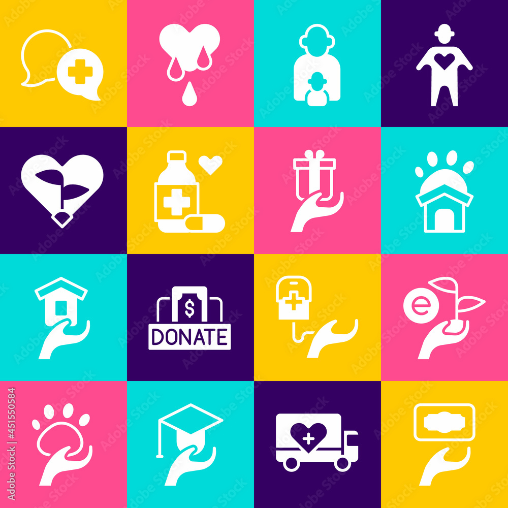 Set Donation and charity, Leaf in hand, Animal shelter house, Taking care of children, Medicine bottle pills, heart, Dialogue with doctor and Give gift icon. Vector Set Donation and charity, Leaf in hand, Animal shelter house, Taking care of children, Medicine bottle pills, heart, Dialogue with doctor and Give gift icon. Vector