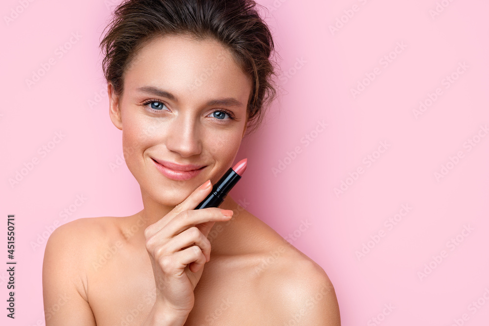 Woman with lipstick. Photo of woman with perfect makeup on pink background. Beauty concept Woman with lipstick. Photo of woman with perfect makeup on pink background. Beauty concept