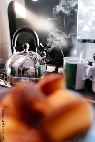 Morning routine, teapot, tea, cups, breakfast