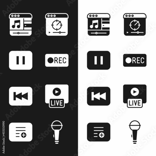 Set Record button, Pause, Music player, Online video, Rewind, Live stream, Microphone and Add playlist icon. Vector