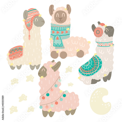 Set of cute hand drawn flat llamas in hats and scarves with tribal pattern. Alpacas with stars and a crescent. Vector gentle animalistic illustration for stickers and cards
