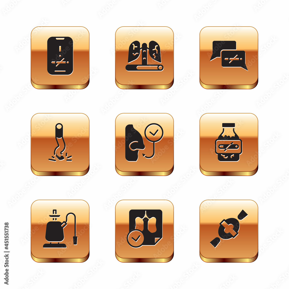Set No smoking, Hookah, Lungs x-ray diagnostics, Healthy breathing, Cigarette butt, Candy and Disease lungs icon. Vector Set No smoking, Hookah, Lungs x-ray diagnostics, Healthy breathing, Cigarette butt, Candy and Disease lungs icon. Vector