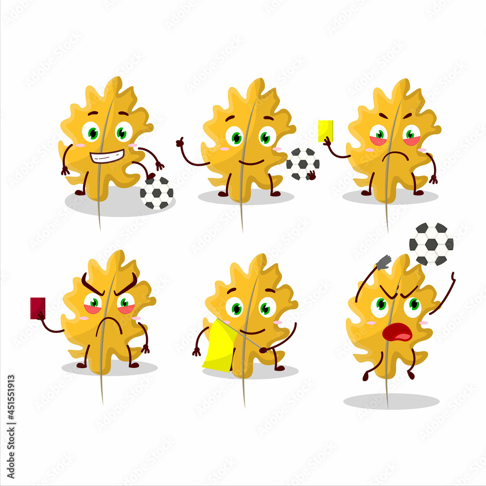 Obraz premium Oak yellow leaf angel cartoon character working as a Football referee