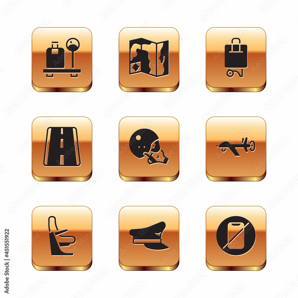 Set Scale with suitcase, Airplane seat, Pilot hat, Modern pilot helmet, Airport runway, Suitcase, No cell phone and World travel map icon. Vector Set Scale with suitcase, Airplane seat, Pilot hat, Modern pilot helmet, Airport runway, Suitcase, No cell phone and World travel map icon. Vector