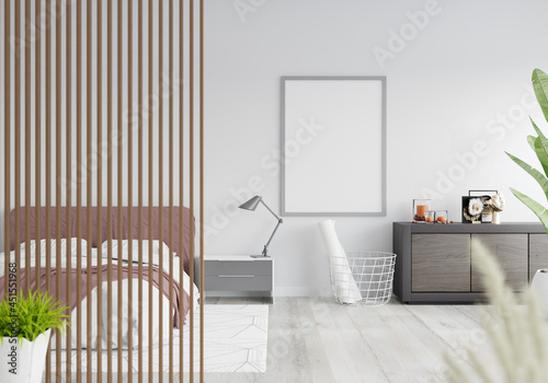 3D Modern interior of bedroom with mockup photo frame