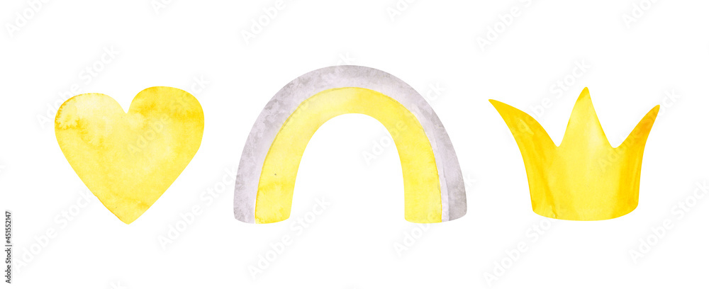 Set of rainbow, heart, and crown isolated on a white background. Yellow and gray watercolor clipart. Hand-drawn doodle illustration. Cute abstract rainbow print. Nursery decoration. Set of rainbow, heart, and crown isolated on a white background. Yellow and gray watercolor clipart. Hand-drawn doodle illustration. Cute abstract rainbow print. Nursery decoration.
