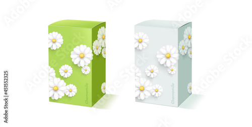 Mockup of packcge box shape with modern chamomile or fluffy white flower decor on green and light blue
