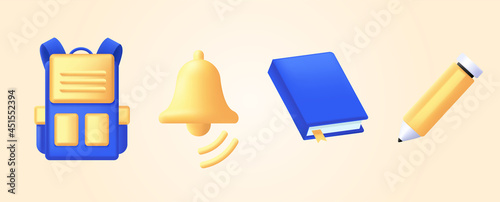 3d illustration icons for back to school poster with modern render like elements, backpackand bell, book notebook with pencil