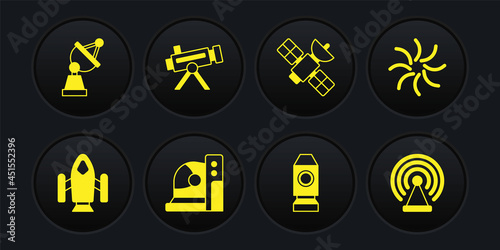 Set Rocket ship, Black hole, Astronaut helmet, Satellite, Telescope, Radar and dish icon. Vector