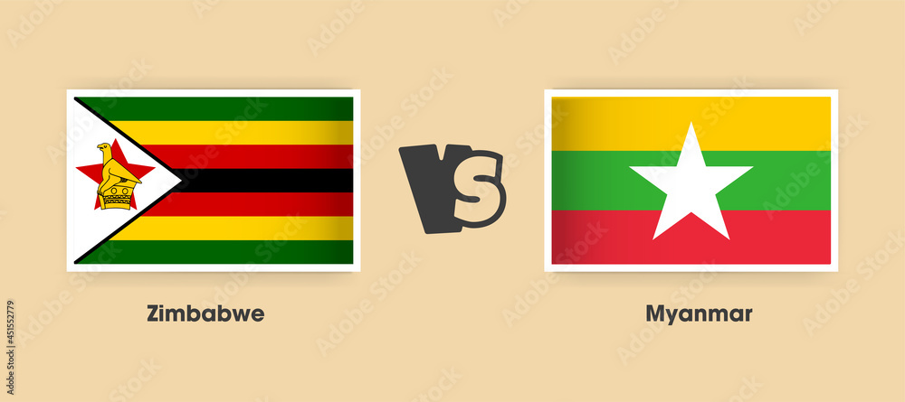 Zimbabwe vs Myanmar flags placed side by side. Creative stylish national flags of Zimbabwe and Myanmar with background