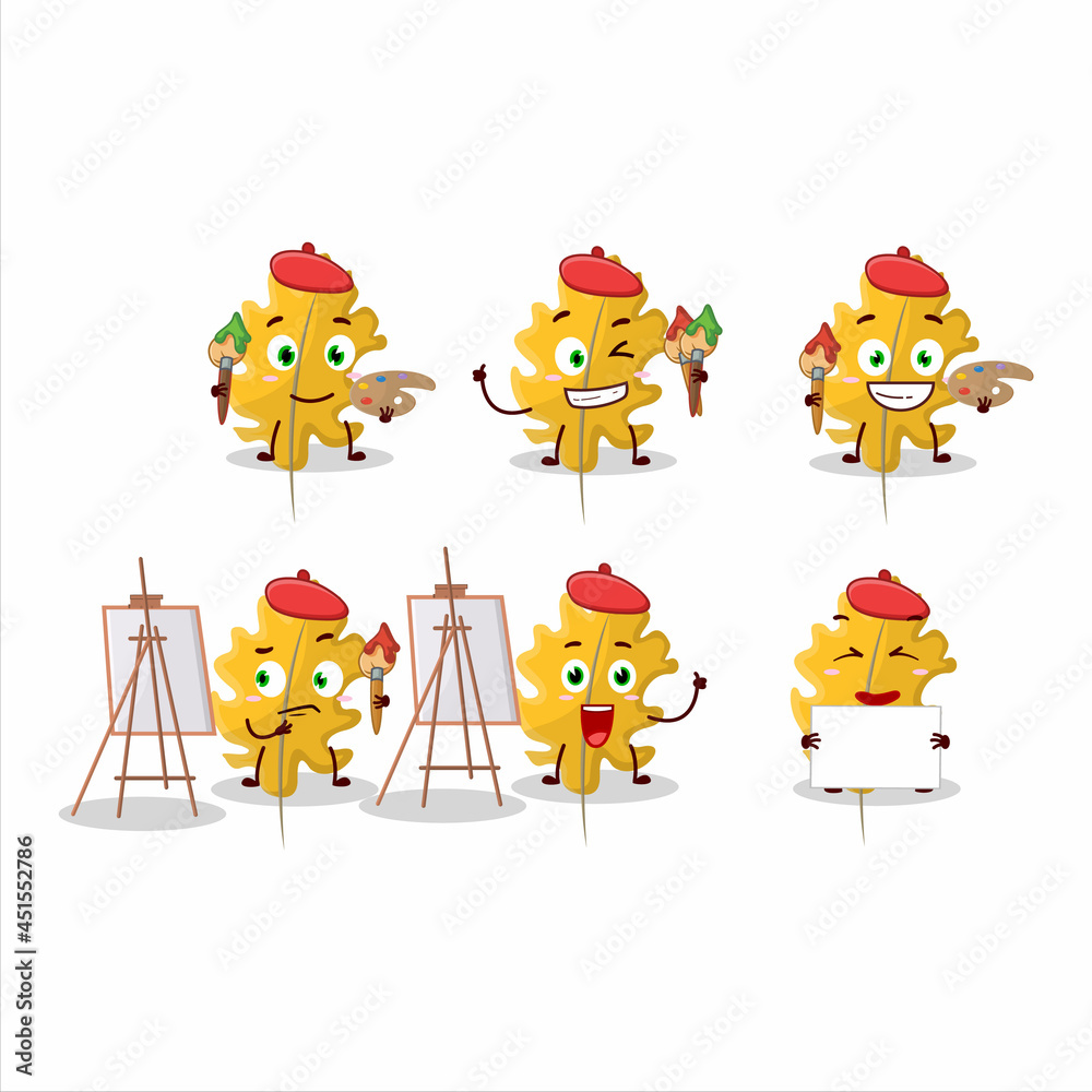Obraz premium Artistic Artist of oak yellow leaf angel cartoon character painting with a brush