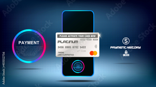 Electronic system payments and money transfers through a mobile application.  Plastic card is tied to a smartphone. Mobile banking. Account and credit card management