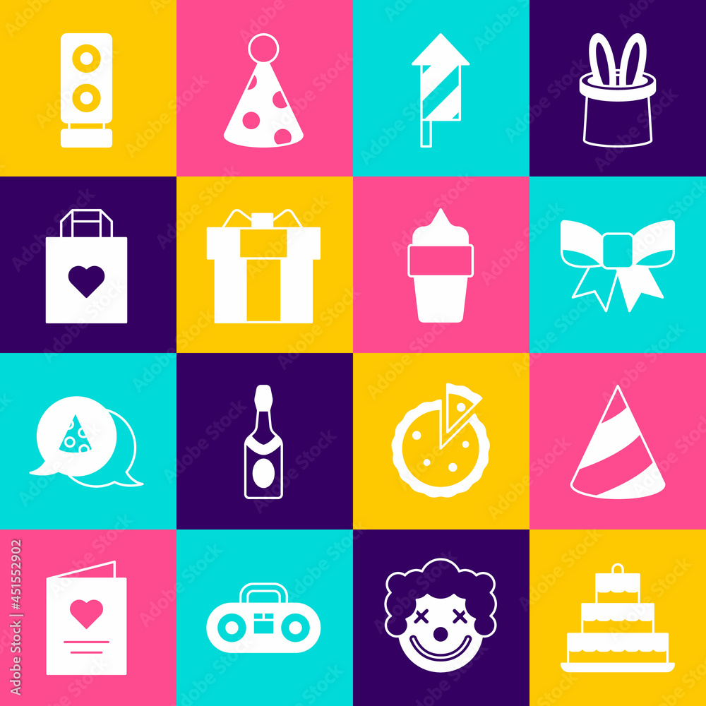 Set Cake with burning candles, Party hat, Gift bow, Firework rocket, box, Shopping bag heart, Stereo speaker and Ice cream waffle cone icon. Vector Set Cake with burning candles, Party hat, Gift bow, Firework rocket, box, Shopping bag heart, Stereo speaker and Ice cream waffle cone icon. Vector