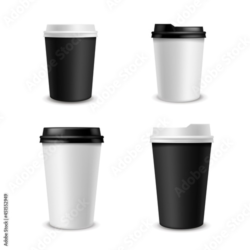 Paper coffee cups realistic. White and black paper cup different size, blank container with plastic lid. 3d morning aroma latte and cappuccino hot drinks, package branding mockup vector isolated set