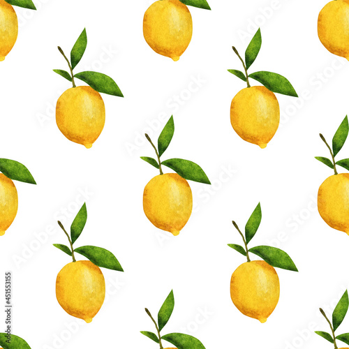 Watercolor lemons with green leaves. Seamless pattern.