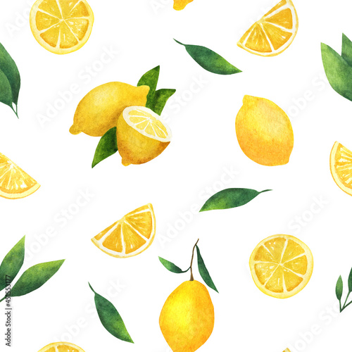 Watercolor lemons with green leaves. Seamless pattern.