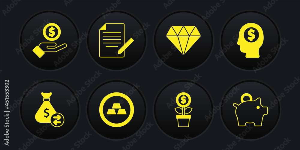 Set Money bag, Business man planning mind, Gold bars, Dollar plant, Diamond, Document and pen, Piggy bank and Hand giving money icon. Vector