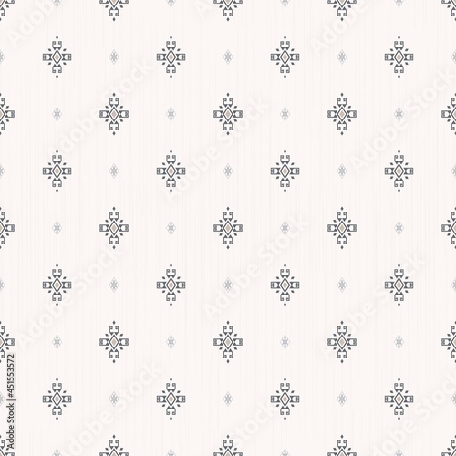 Vector ethnic small shape grid seamless pattern on white texture background. Minimalist and modern vintage style. Use for fabric, textile, interior decoration elements, upholstery, wrapping.
