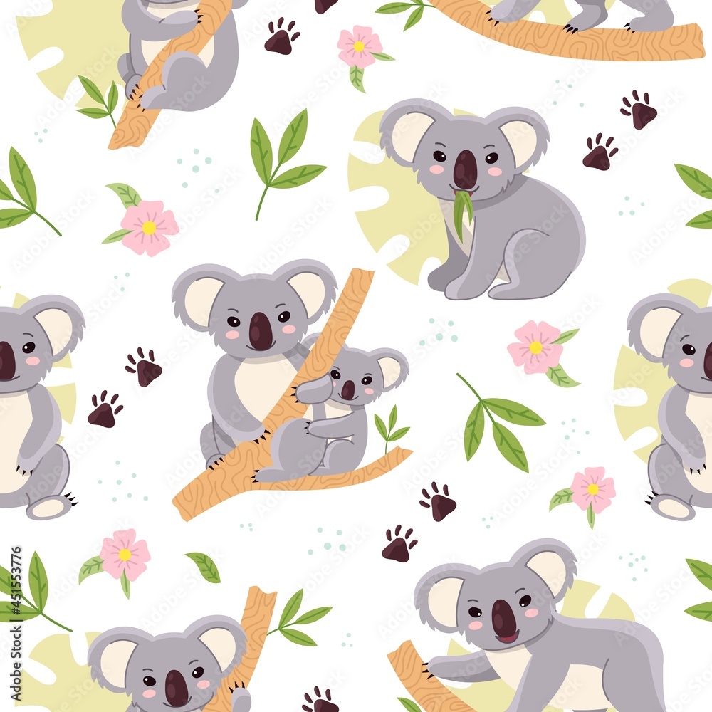 Fototapeta premium Cute koalas. Seamless background with kids mini bears, tropical leaves, baby nursery design, fluffy animals, australian fauna. Decor textile, wrapping paper wallpaper. Vector pattern