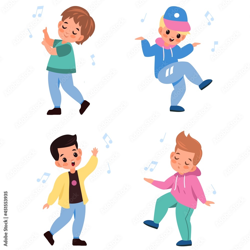 Kids dancing. Children characters dance and sing, little happy boys listen melodies, young music lovers together. Hobby studio and art class collection. Vector cartoon flat isolated set Kids dancing. Children characters dance and sing, little happy boys listen melodies, young music lovers together. Hobby studio and art class collection. Vector cartoon flat isolated set