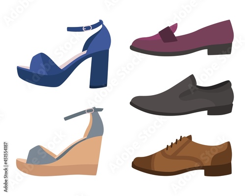 Shoes and boots. Various types of mens or womens footwear. Side view of casual sandals with high heels or wedges. Stylish footgear. Elegant and formal loafers. Vector foot clothes set