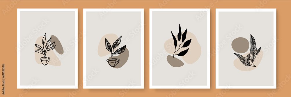 Abstract terrazzo style background set with pastel color hand drawn geometric shapes and lines and tropical leaves silhouettes. Works for decor wall prints or book cover or flyer or menu design.