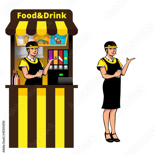 Food Stall and Waitress vector illustration design element, for page, infographic, web banner, or any other purpose.