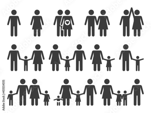 Family icons. Monochrome people group pictograms. Happy couples sign. Parents with children holding hands. Men and women simple silhouettes template. Vector relationship symbols set