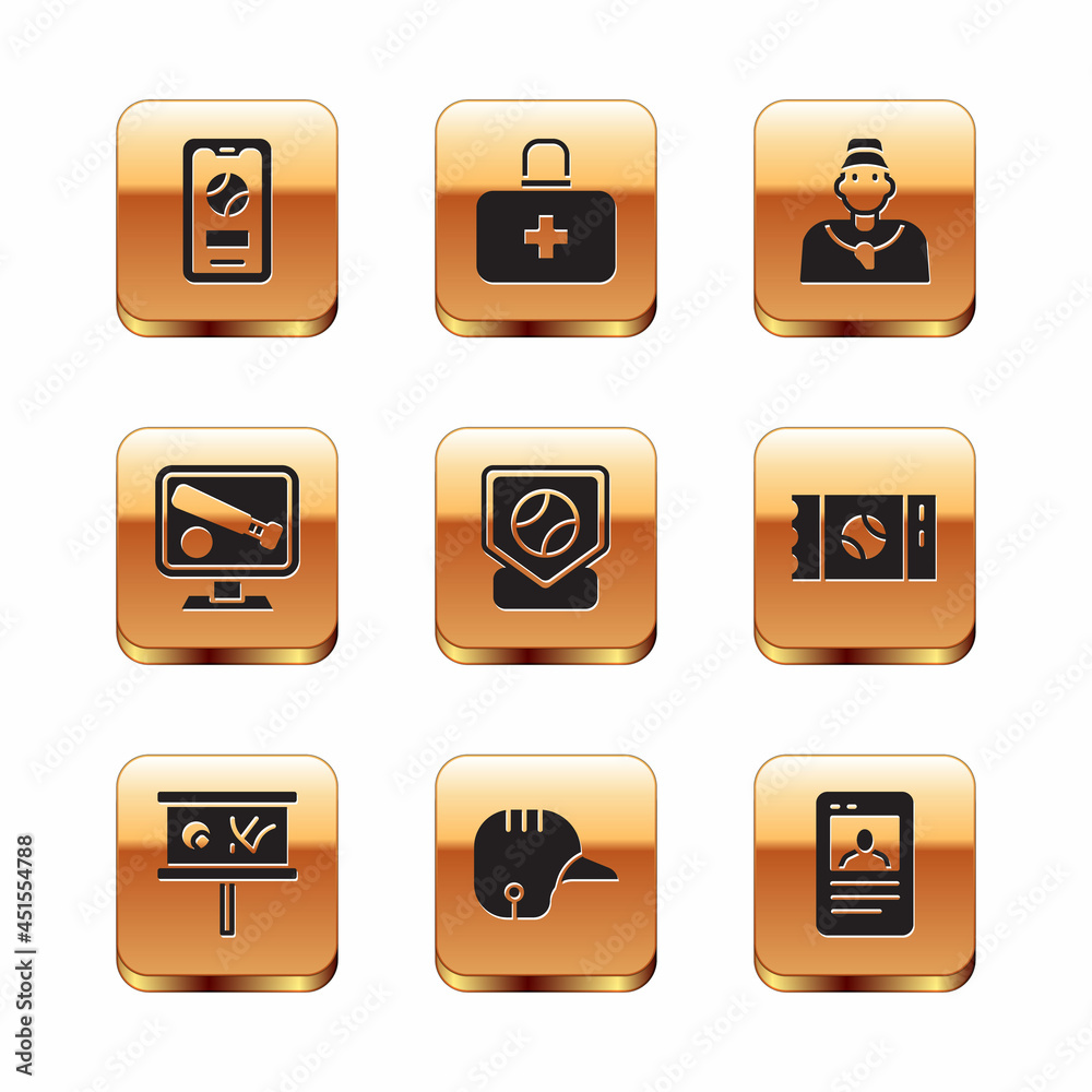 Set Mobile with baseball ball, Planning strategy, Baseball helmet, Monitor game, coach, card and First aid kit icon. Vector Set Mobile with baseball ball, Planning strategy, Baseball helmet, Monitor game, coach, card and First aid kit icon. Vector