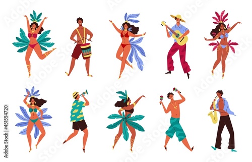 Brazil Carnival. Rio de janeiro samba festival. Women and men in colorful costumes with feathers and leaves. Cartoon people dance and play music. Vector cute Brazilian holiday dancers set