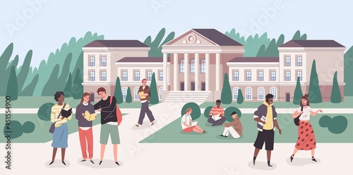 University park. Young people groups walking with books in student campus. Cartoon cityscape with college building. Happy guys and girls study and communicate in yard. Vector concept