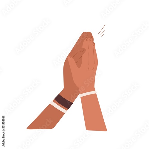 Hands applauding and clapping. Bravo expression by applause. Folded prayer palms praying. Gesture of respect, admiration and congratulations. Flat vector illustration isolated on white background