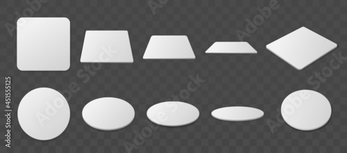 Beer coaster. Realistic paper bierdeckel for mugs and glasses. Circle and square shapes of bar accessories set. Vector view from different angles on blank cardboard drink mats mockup