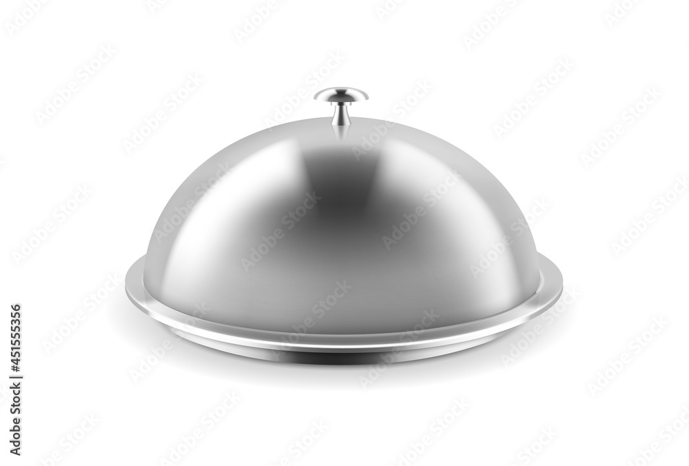 Silver cloche. Realistic metal dish with convex lid. Restaurant serving plate. Utensil template. Exquisite presentation of gourmet meal. Isolated metallic tray with dome. Vector concept Silver cloche. Realistic metal dish with convex lid. Restaurant serving plate. Utensil template. Exquisite presentation of gourmet meal. Isolated metallic tray with dome. Vector concept