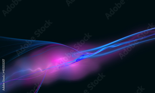 Fantastic digital 3d lightning, galactic smoke or dynamic silky curves in blue violet hues in deep dark space. Fictional illustration great as banner, background, cover or element. Technology concept.