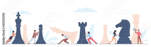 People with chess. Mini men and women push big pieces. Group of office workers playing tactical game. Gamers move heavy figures. Vector teamwork strategy and business planning concept