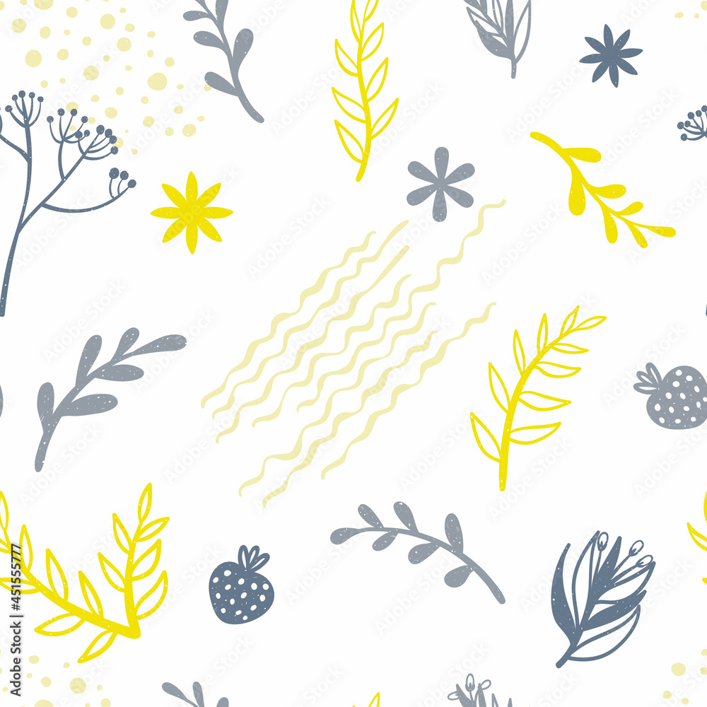 Decorative doodle flower silhouette and modern abstract shape  seamless pattern. Cute colorful repeated background with hand drawn botanical elements in Scandinavian style.