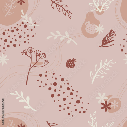 Decorative doodle flower silhouette and modern abstract shape  seamless pattern. Cute colorful repeated background with hand drawn botanical elements in Scandinavian style.
