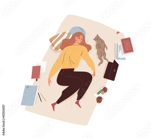 Lazy depressed woman in despair lying on bed. Unhappy exhausted apathetic person. Burnout, laziness, apathy and boredom concept. Flat vector illustration of fatigue human isolated on white background