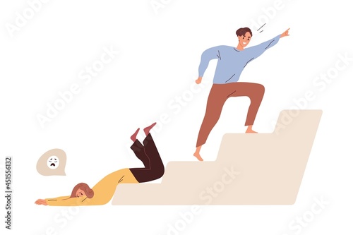 Concept of weakness versus strength of people on hard way to goals. Tired fatigue lazy weak person fall down vs ambitious motivated strong human. Flat vector illustration isolated on white background