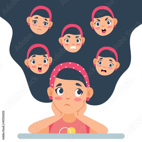 Negative emotions. Cartoon girl with long hair and upset or angry faces. Emotional reactions. Confused teenager feeling resentment and frustration. Facial expressions. Vector concept