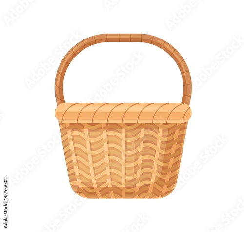 Straw basket with woven handle. Empty wicker without lid. Realistic basketwor...