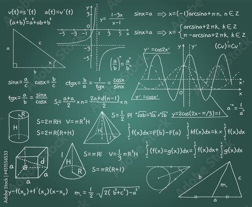 Math formulas. Chalk board background with algebraic and geometric graphs, functions and drawings. Doodles handwritten mathematical calculation. Trigonometry lesson. Vector exact science