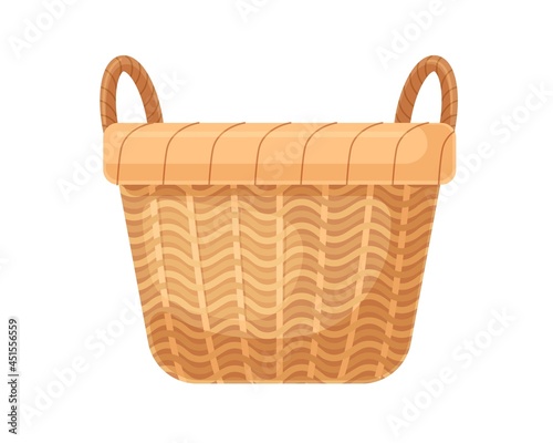 Empty straw wicker basket with handles. Woven braided basketwork without lid....