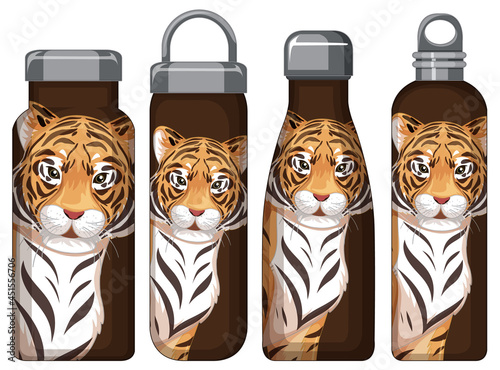 Set of different brown thermos bottles with tiger pattern