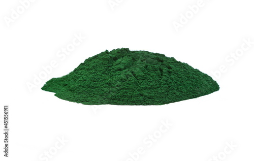 Organic spirulina algae powder isolated on white. Organic spirulina powder. Spirulina is a superfood used as a food supplement source of vitamin protein and beta carotene.