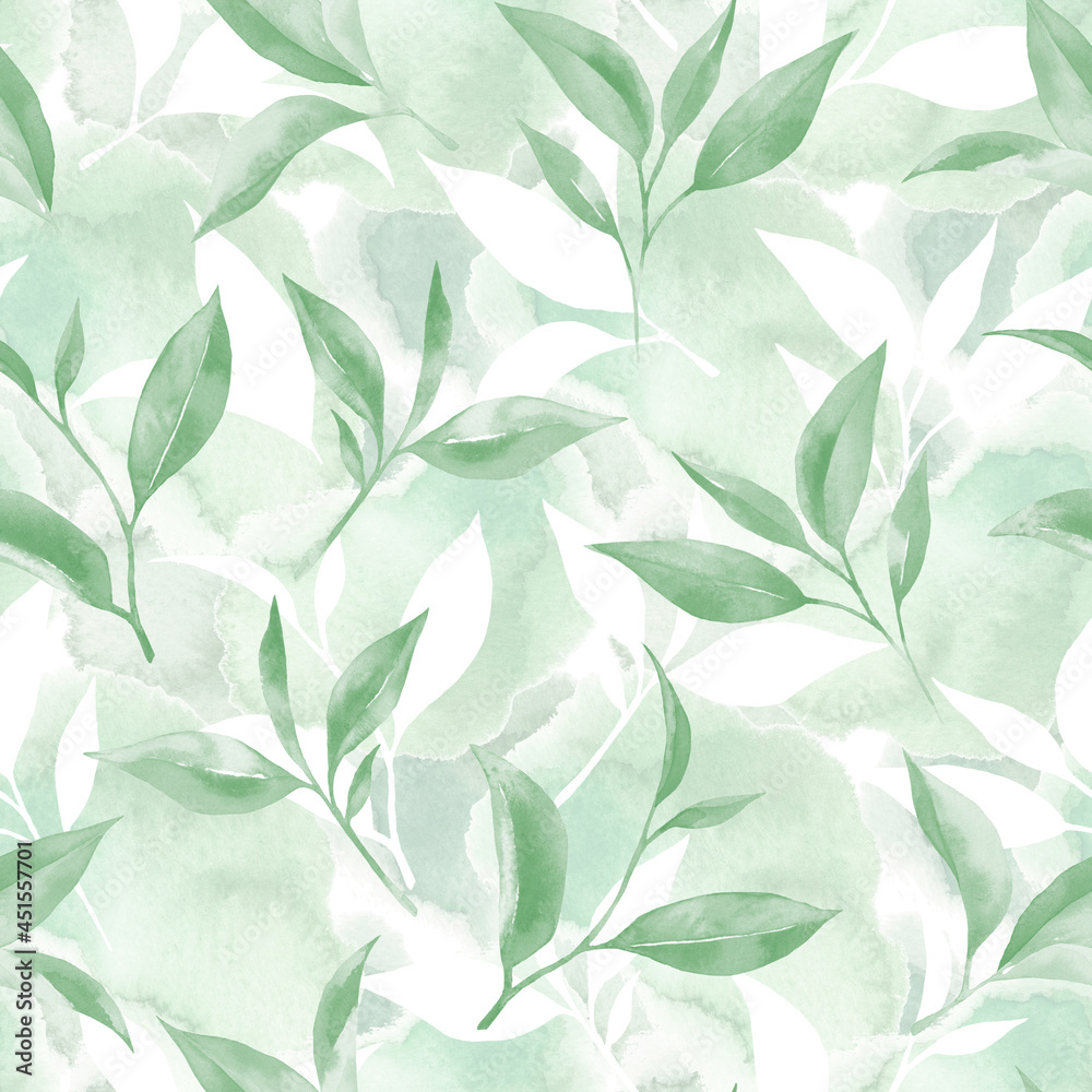 Tea leaves seamless pattern. Food background with tea leaves watercolour in hand drawn style. Tea background for paper, textile, wrapping and wallpaper.
